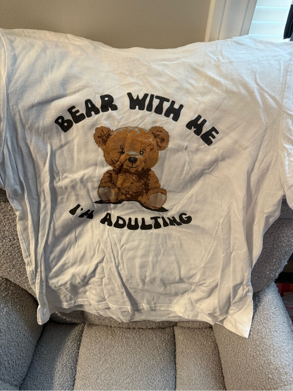 White womens ' Tee with Teddy Bear Graphic - Bear With Me